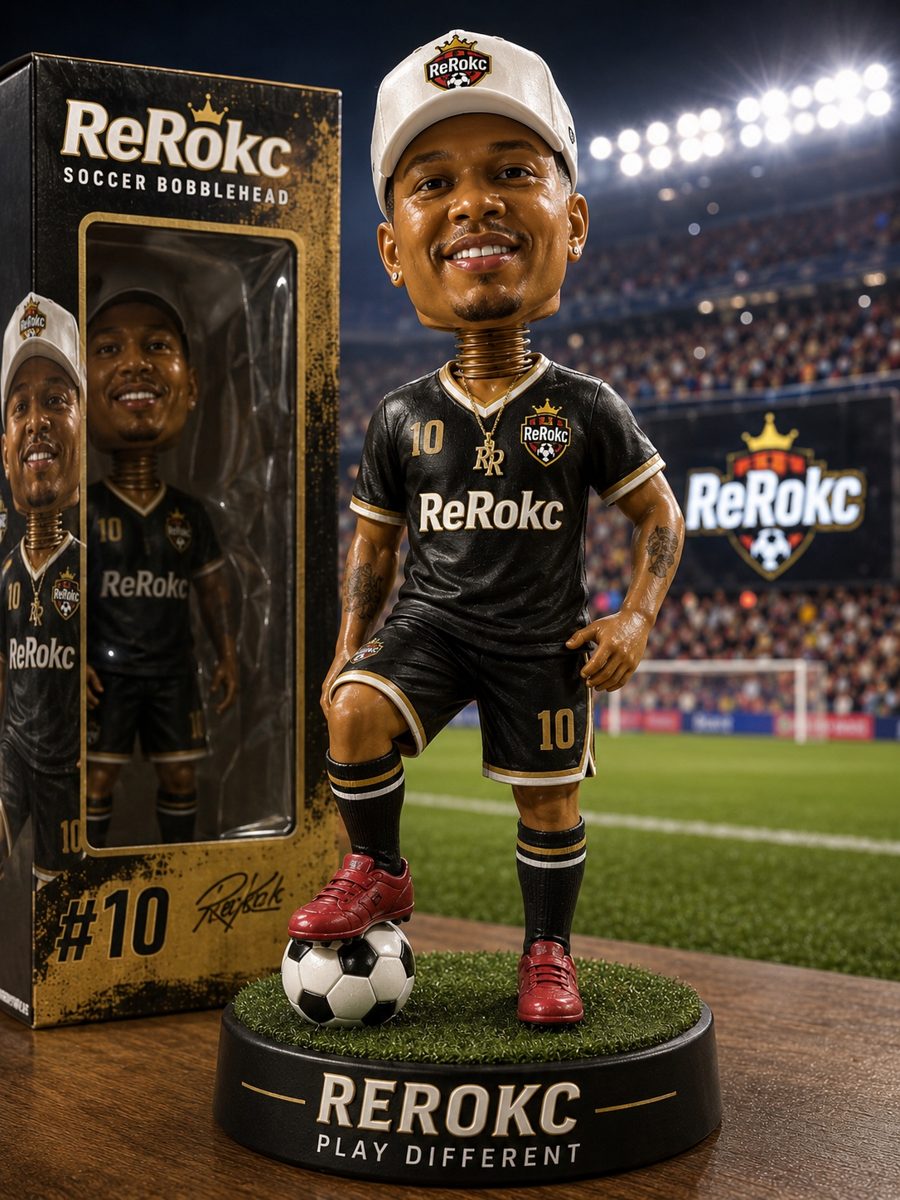 ReRokc soccer bobblehead in a black and gold number 10 kit